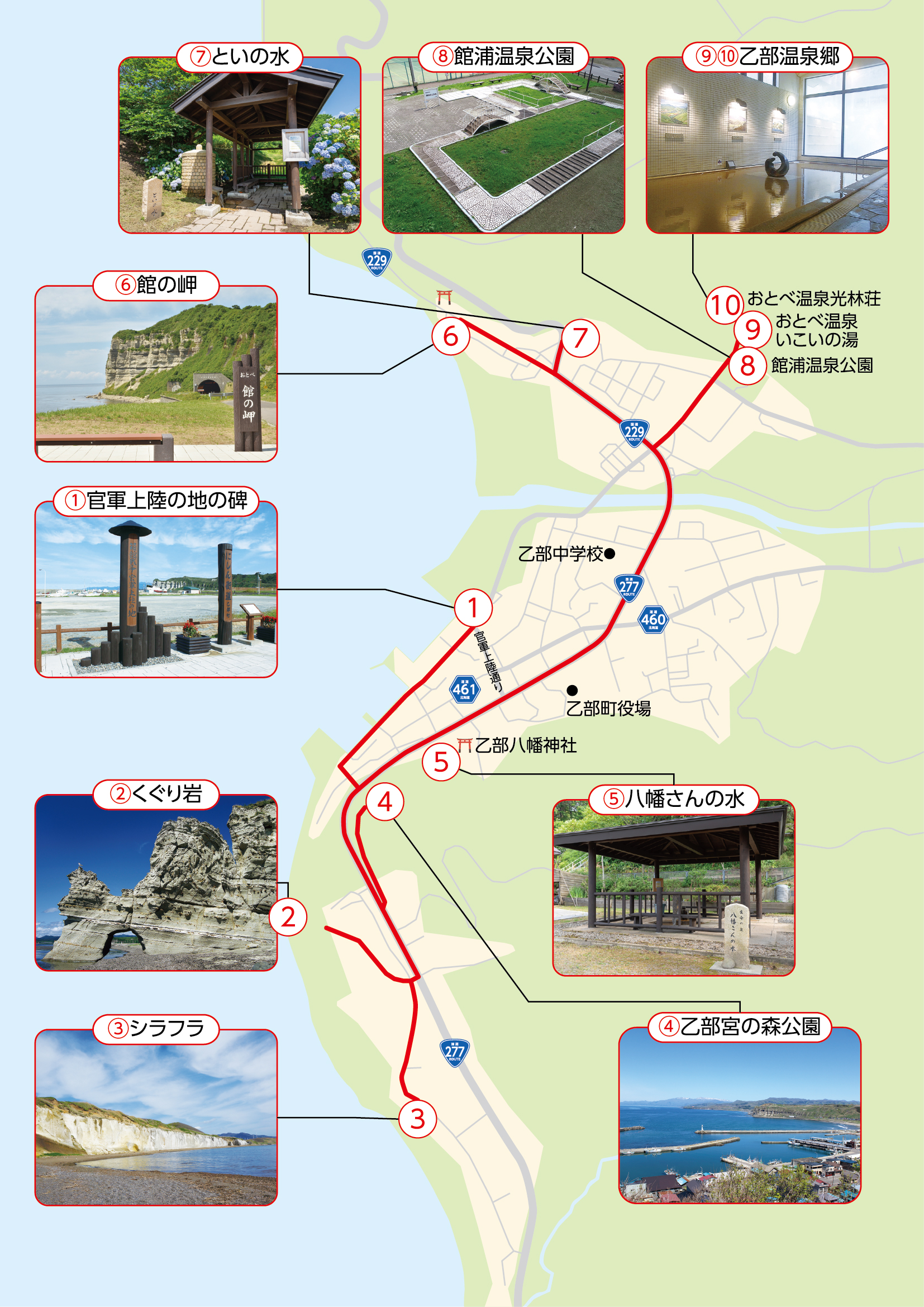 オトベ観光スポットの位置を示す地図。10箇所の観光スポットがマークされています。